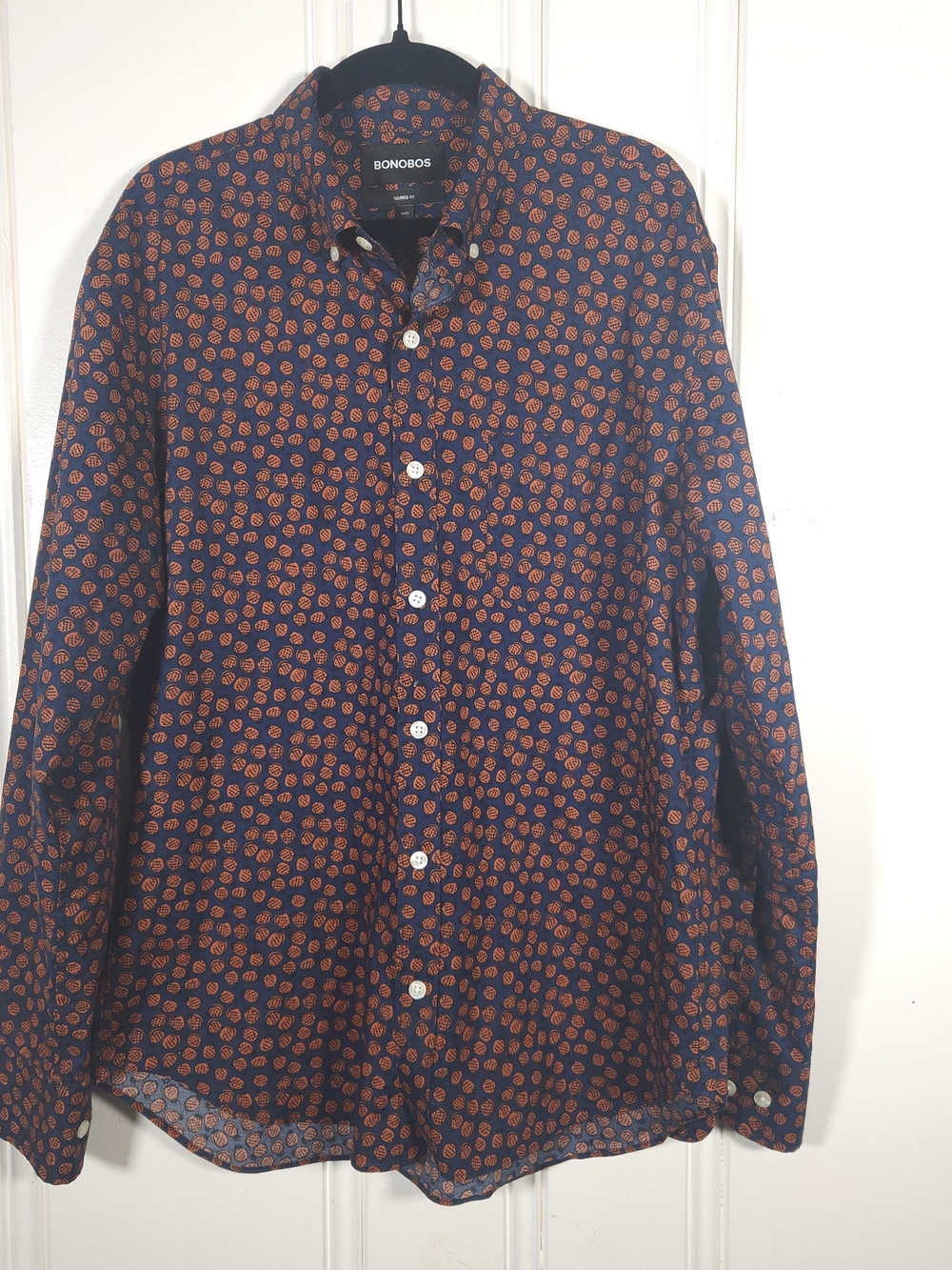 Bonobos Tailored Fit Dress Shirt Medium Short Navy Orange Print Cotton